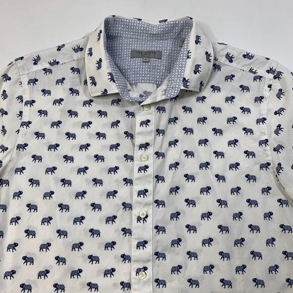 Ted Baker Shirt Mens 4 White Blue Allover Elephant Printed Cotton Short Sleeve - Picture 3 of 10